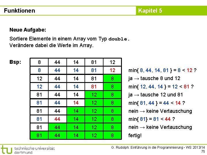 Funktionen Kapitel 5 Neue Aufgabe: Sortiere Elemente in einem Array vom Typ double. Verändere