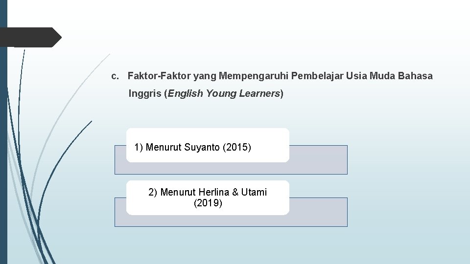 c. Faktor-Faktor yang Mempengaruhi Pembelajar Usia Muda Bahasa Inggris (English Young Learners) 1) Menurut