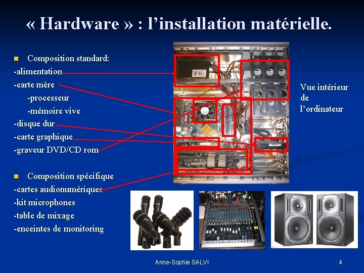  « Hardware » : l’installation matérielle. Composition standard: -alimentation -carte mère -processeur -mémoire