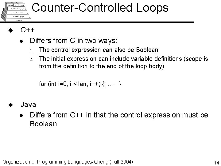 Counter-Controlled Loops u C++ l Differs from C in two ways: 1. 2. The