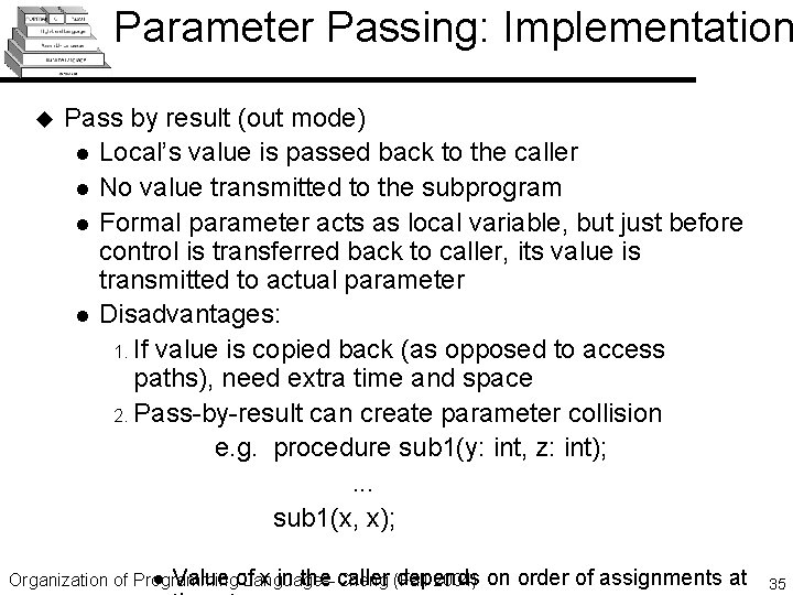 Parameter Passing: Implementation u Pass by result (out mode) l Local’s value is passed