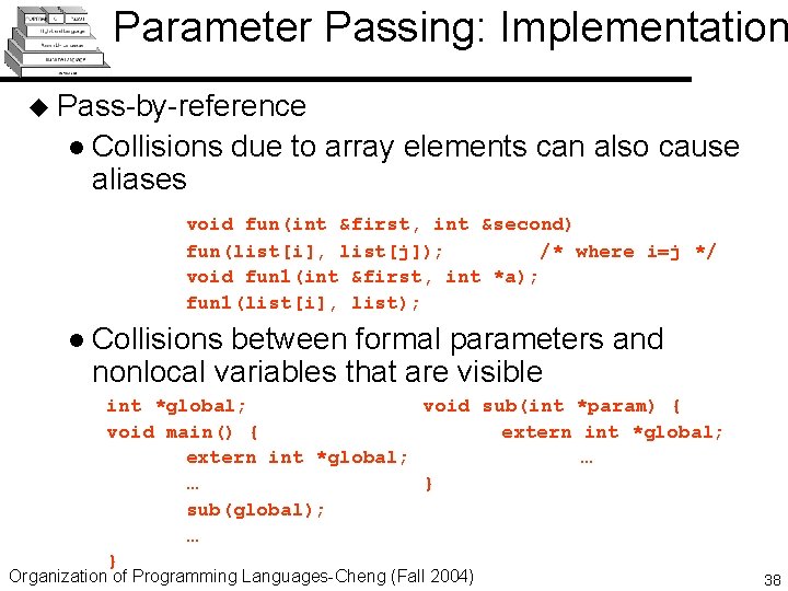 Parameter Passing: Implementation u Pass-by-reference l Collisions aliases due to array elements can also