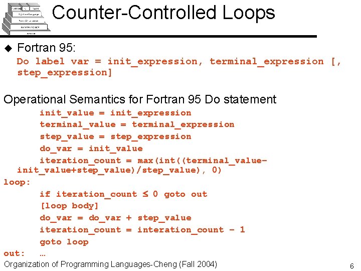 Counter-Controlled Loops u Fortran 95: Do label var = init_expression, terminal_expression [, step_expression] Operational