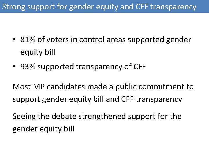 Strong support for gender equity and CFF transparency • 81% of voters in control