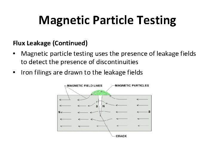 Magnetic Particle Testing Flux Leakage (Continued) • Magnetic particle testing uses the presence of