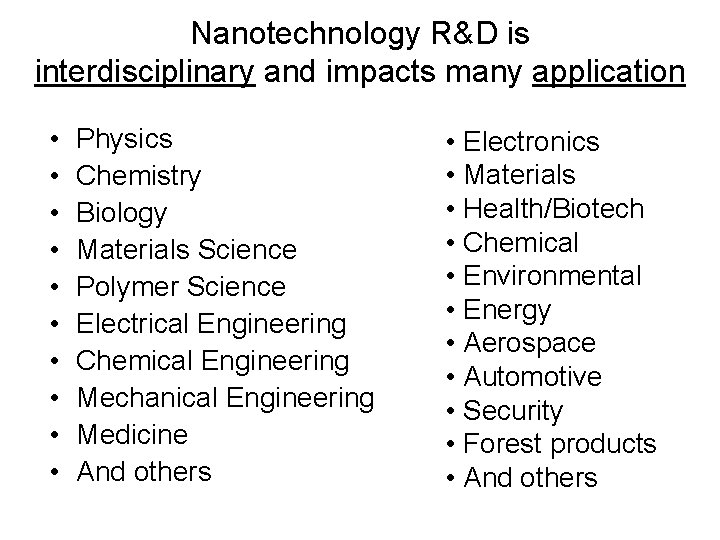 Nanotechnology R&D is interdisciplinary and impacts many application • • • Physics Chemistry Biology Nanotechnology R&D is interdisciplinary and impacts many application • • • Physics Chemistry Biology