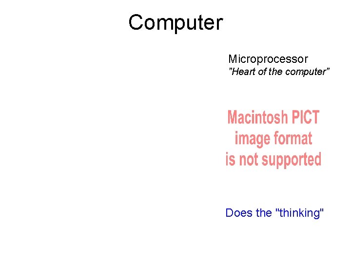Computer Microprocessor "Heart of the computer" Does the "thinking" Computer Microprocessor "Heart of the computer" Does the "thinking"