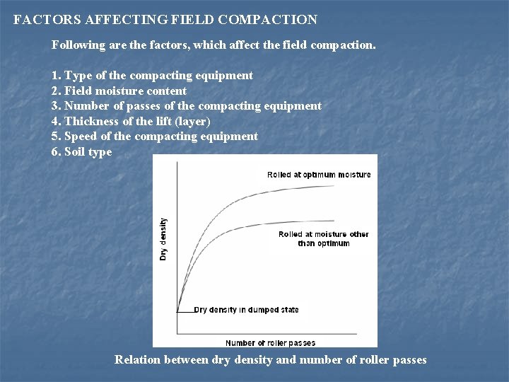 FACTORS AFFECTING FIELD COMPACTION Following are the factors, which affect the field compaction. 1.