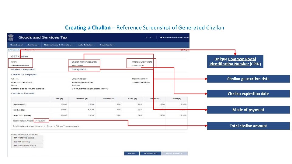 Payments Creating a Challan – Reference Screenshot of Generated Challan Introduction Unique Common Portal