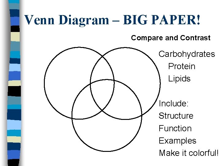 Venn Diagram – BIG PAPER! Compare and Contrast Carbohydrates Protein Lipids Include: Structure Function