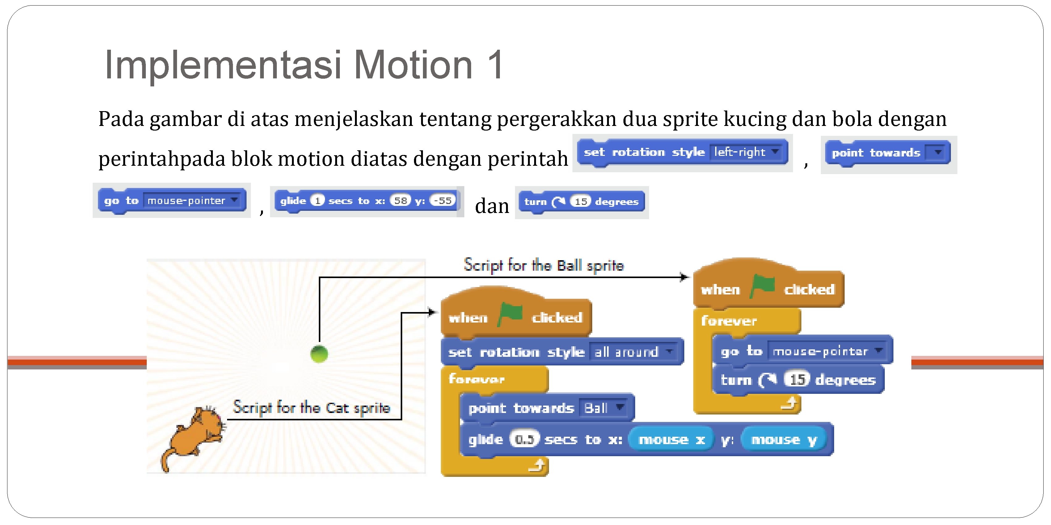 Implementasi Motion 1 Pada gambar di atas menjelaskan tentang pergerakkan dua sprite kucing dan