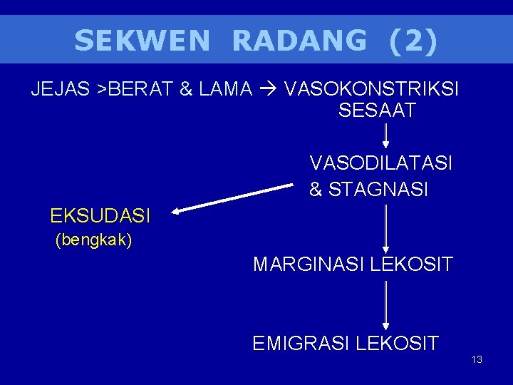 SEKWEN RADANG (2) JEJAS >BERAT & LAMA VASOKONSTRIKSI SESAAT VASODILATASI & STAGNASI EKSUDASI (bengkak)