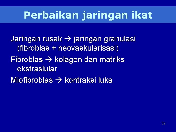 Perbaikan jaringan ikat Jaringan rusak jaringan granulasi (fibroblas + neovaskularisasi) Fibroblas kolagen dan matriks