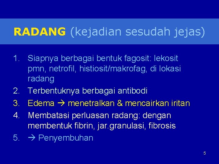 RADANG (kejadian sesudah jejas) 1. Siapnya berbagai bentuk fagosit: lekosit pmn, netrofil, histiosit/makrofag, di