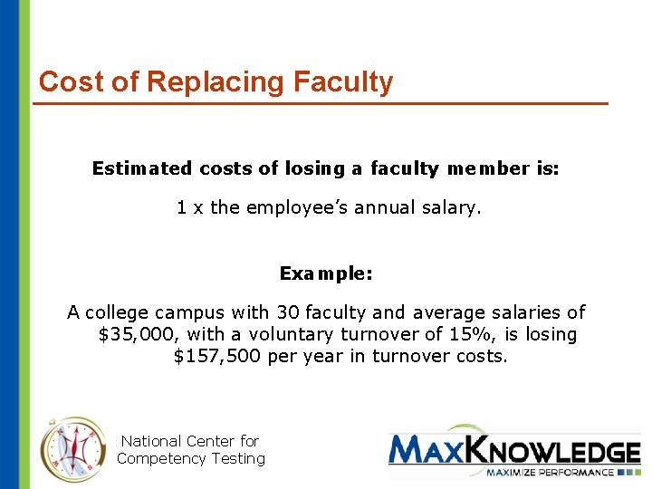 Cost of Replacing Faculty Estimated costs of losing a faculty member is: 1 x