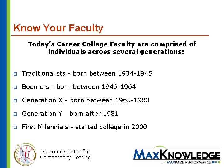 Know Your Faculty Today’s Career College Faculty are comprised of individuals across several generations: