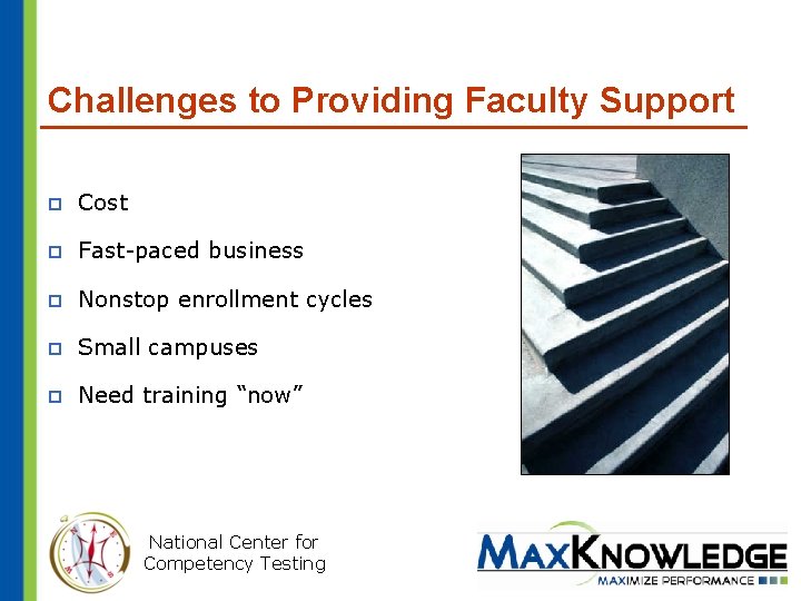 Challenges to Providing Faculty Support p Cost p Fast-paced business p Nonstop enrollment cycles