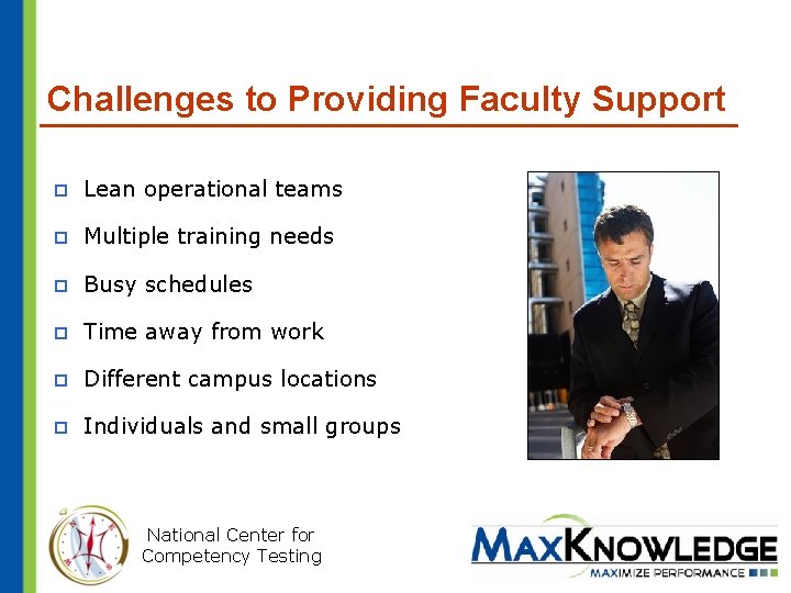 Challenges to Providing Faculty Support p Lean operational teams p Multiple training needs p