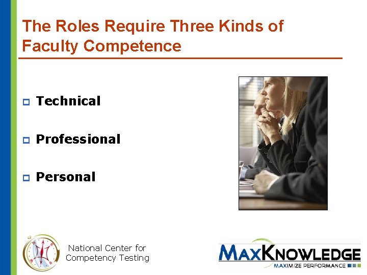 The Roles Require Three Kinds of Faculty Competence p Technical p Professional p Personal