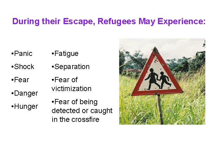 During their Escape, Refugees May Experience: • Panic • Fatigue • Shock • Separation