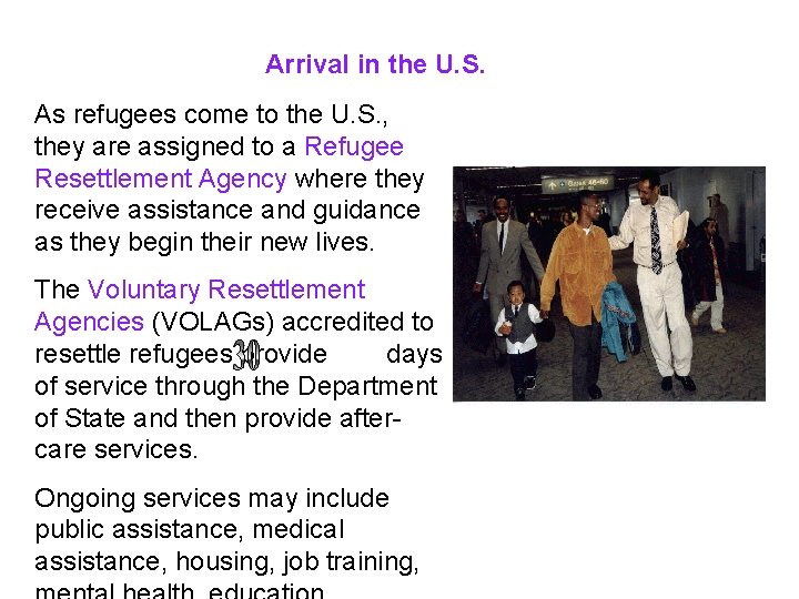 Arrival in the U. S. As refugees come to the U. S. , they