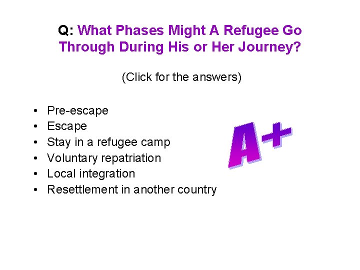 Q: What Phases Might A Refugee Go Through During His or Her Journey? (Click