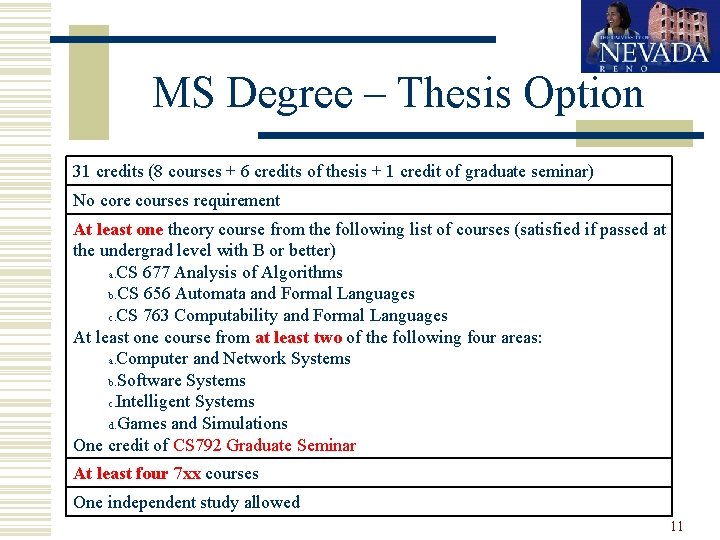 MS Degree – Thesis Option 31 credits (8 courses + 6 credits of thesis MS Degree – Thesis Option 31 credits (8 courses + 6 credits of thesis
