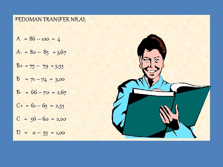 PEDOMAN TRANSFER NILAI; A = 86 – 100 = 4 A- = 80 –