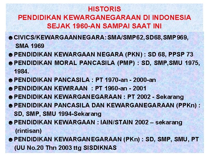 HISTORIS PENDIDIKAN KEWARGANEGARAAN DI INDONESIA SEJAK 1960 -AN SAMPAI SAAT INI ☻CIVICS/KEWARGAAN NEGARA :