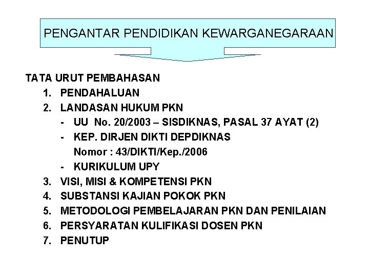 PENGANTAR PENDIDIKAN KEWARGANEGARAAN TATA URUT PEMBAHASAN 1. PENDAHALUAN 2. LANDASAN HUKUM PKN - UU