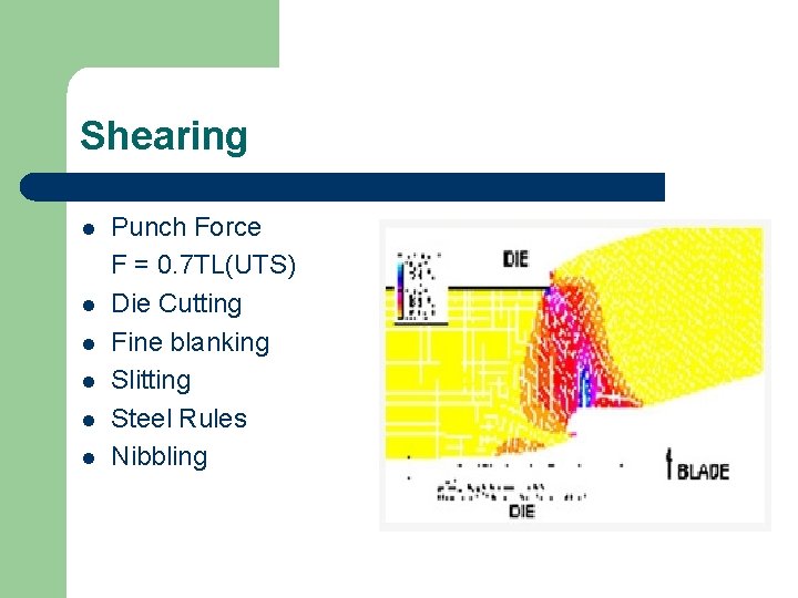 Shearing Punch Force F = 0. 7 TL(UTS) l Die Cutting l Fine blanking