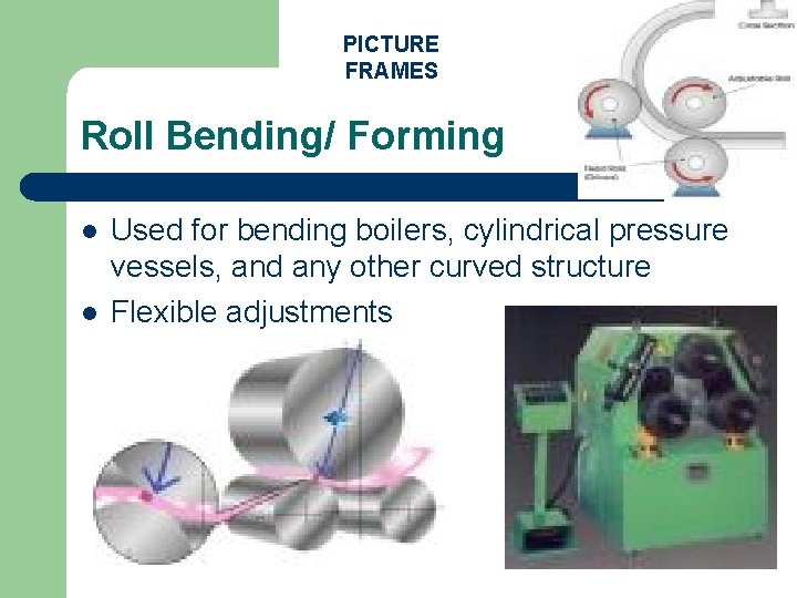 PICTURE FRAMES Roll Bending/ Forming l l Used for bending boilers, cylindrical pressure vessels,