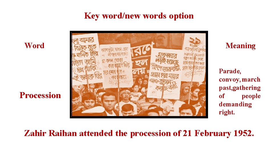 Key word/new words option Word Procession Meaning Parade, convoy, march past, gathering of people