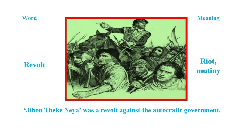Word Meaning Revolt Riot, mutiny ‘Jibon Theke Neya’ was a revolt against the autocratic Word Meaning Revolt Riot, mutiny ‘Jibon Theke Neya’ was a revolt against the autocratic