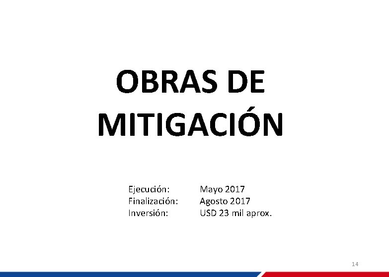 OBRAS DE MITIGACIÓN Ejecución: Finalización: Inversión: Mayo 2017 Agosto 2017 USD 23 mil aprox.