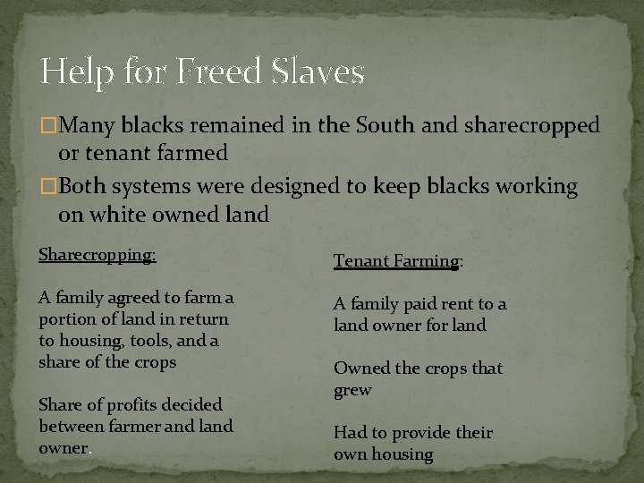 Help for Freed Slaves �Many blacks remained in the South and sharecropped or tenant