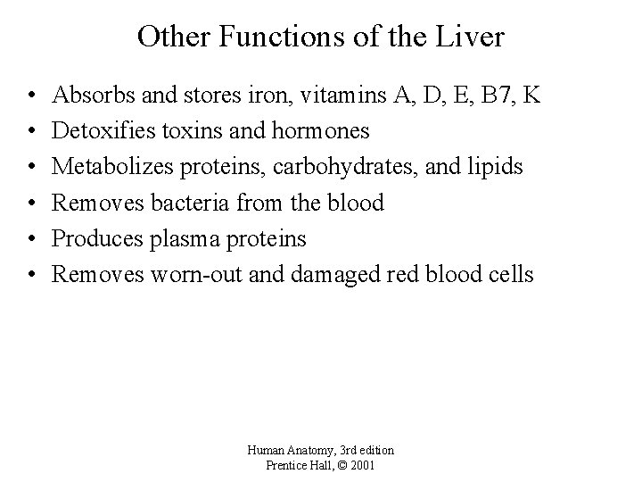 Other Functions of the Liver • • • Absorbs and stores iron, vitamins A,