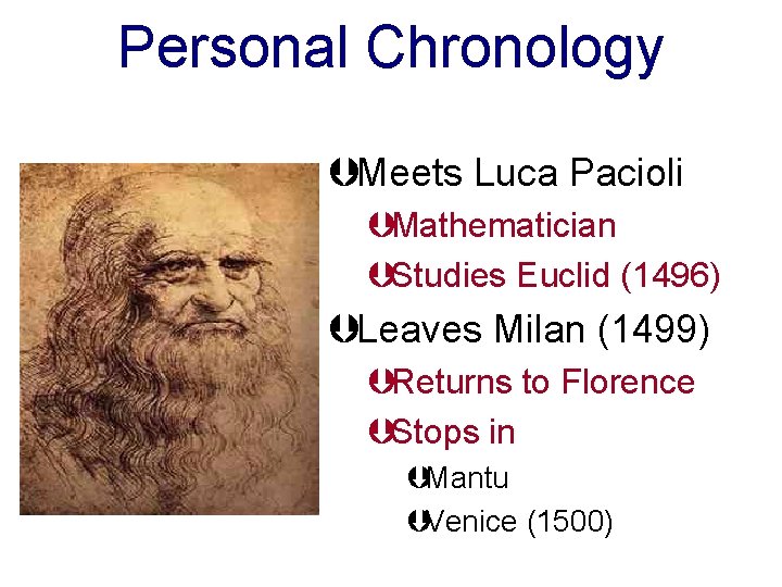Personal Chronology ÞMeets Luca Pacioli ÞMathematician ÞStudies Euclid (1496) ÞLeaves Milan (1499) ÞReturns to