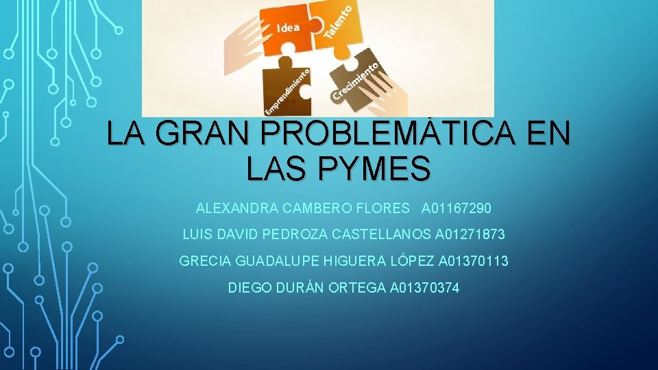 LA GRAN PROBLEMÁTICA EN LAS PYMES ALEXANDRA CAMBERO FLORES A 01167290 LUIS DAVID PEDROZA
