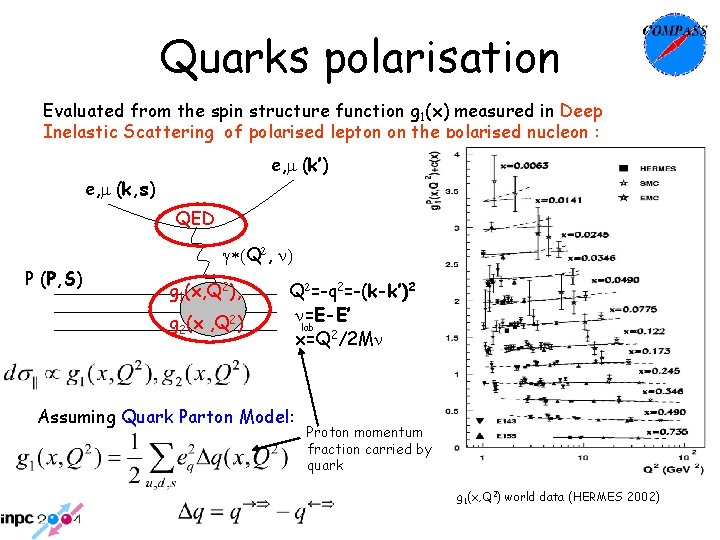 Quarks polarisation Evaluated from the spin structure function g 1(x) measured in Deep Inelastic Quarks polarisation Evaluated from the spin structure function g 1(x) measured in Deep Inelastic