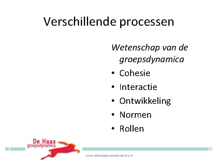 Verschillende processen Wetenschap van de groepsdynamica • Cohesie • Interactie • Ontwikkeling • Normen