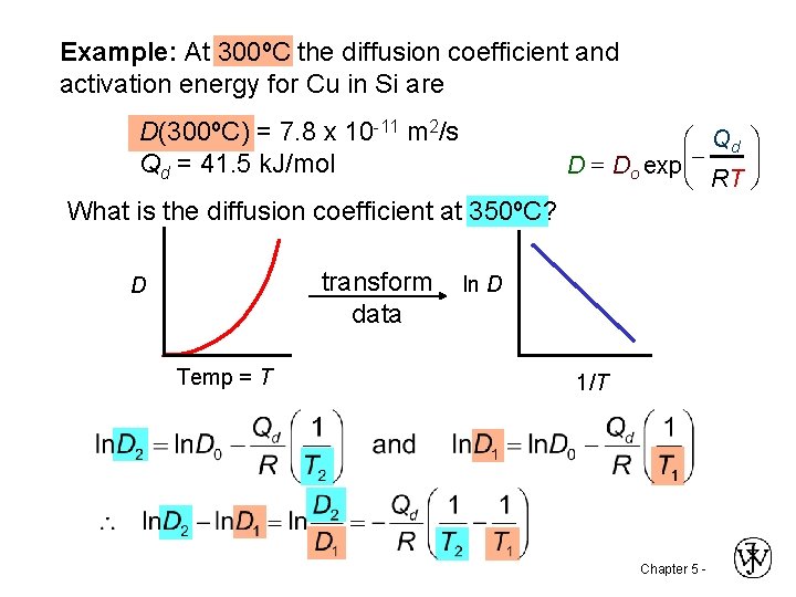 Example: At 300ºC the diffusion coefficient and activation energy for Cu in Si are