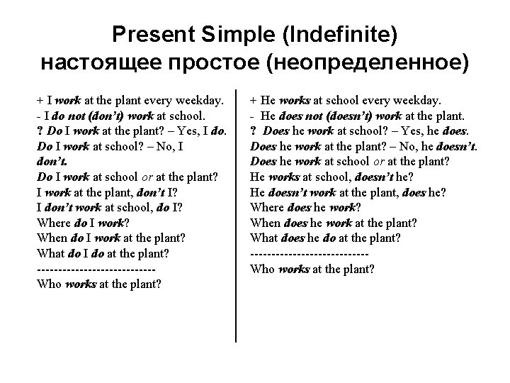 Present Simple (Indefinite) настоящее простое (неопределенное) + I work at the plant every weekday.