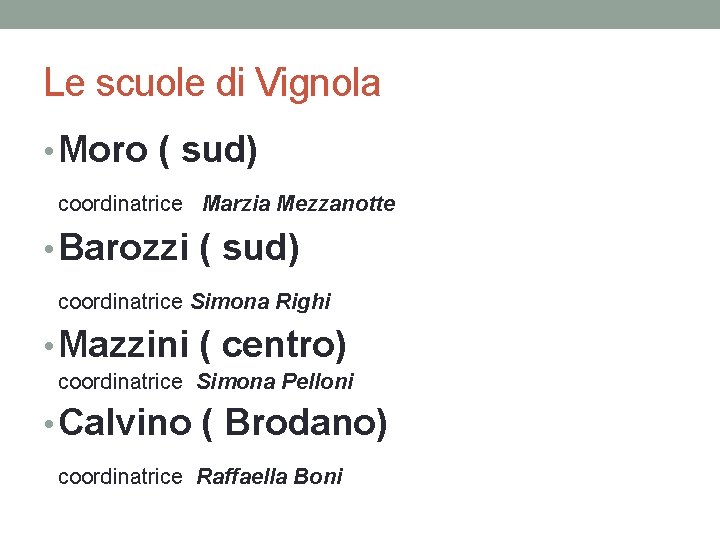 Le scuole di Vignola • Moro ( sud) coordinatrice Marzia Mezzanotte • Barozzi ( Le scuole di Vignola • Moro ( sud) coordinatrice Marzia Mezzanotte • Barozzi (