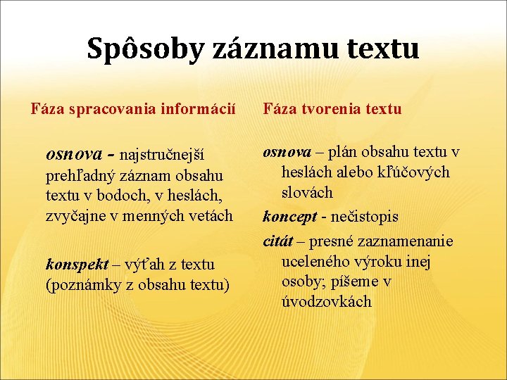 Spôsoby záznamu textu Fáza spracovania informácií osnova - najstručnejší prehľadný záznam obsahu textu v