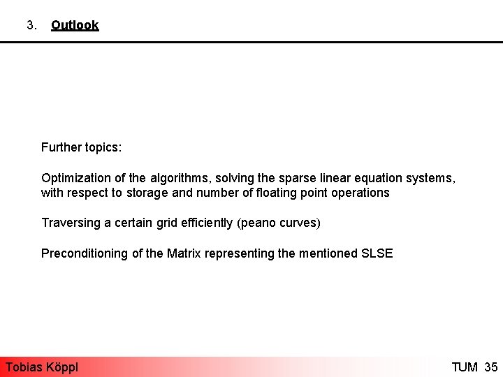 3. Outlook Further topics: Optimization of the algorithms, solving the sparse linear equation systems,