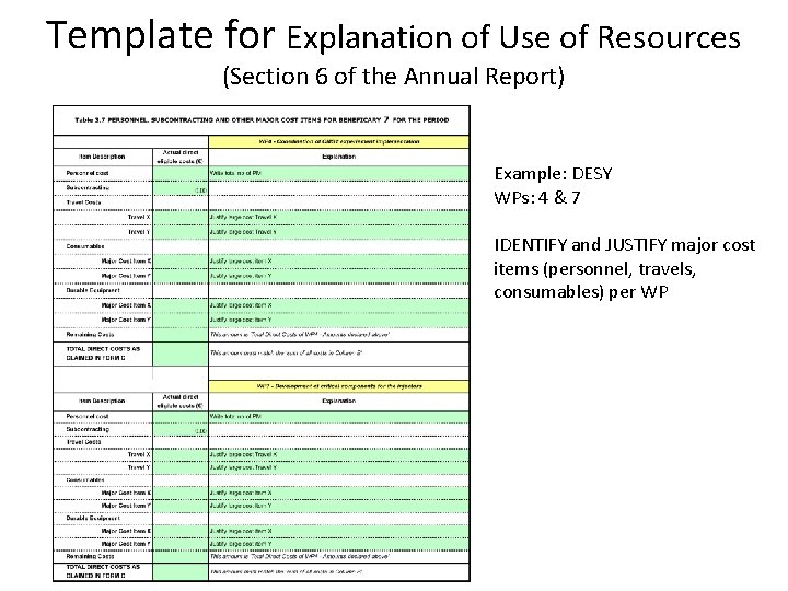 Template for Explanation of Use of Resources (Section 6 of the Annual Report) Example: