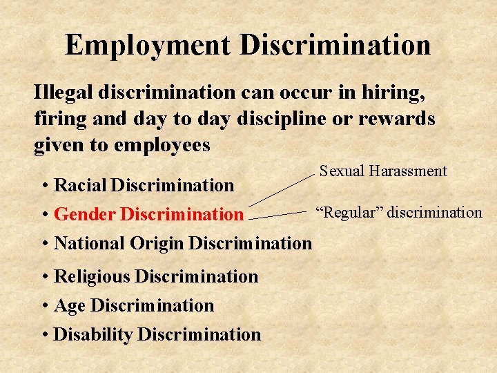 Employment Discrimination Illegal discrimination can occur in hiring, firing and day to day discipline