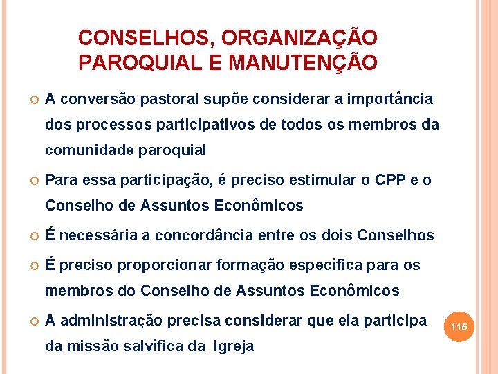 CONSELHOS, ORGANIZAÇÃO PAROQUIAL E MANUTENÇÃO A conversão pastoral supõe considerar a importância dos processos