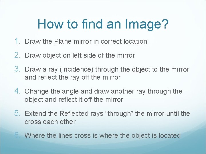 How to find an Image? 1. Draw the Plane mirror in correct location 2.